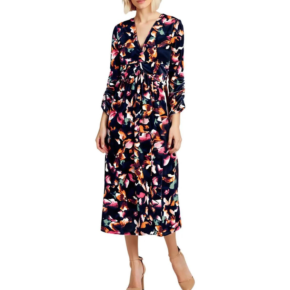 Petites Floral Print Velvet Midi Dress