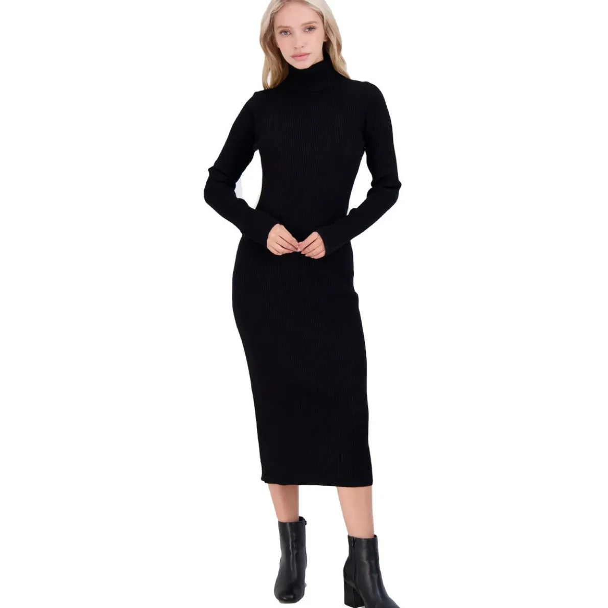 Ribbed Knit Long Sleeve Turtleneck Midi Sweaterdress