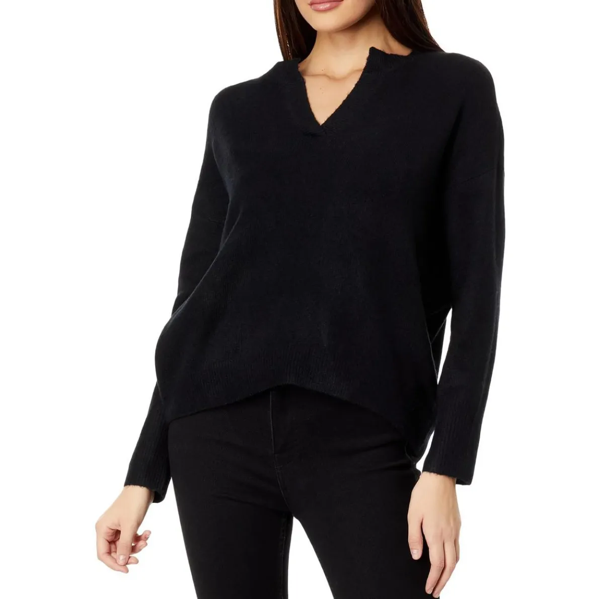 Ribbed Split Neck V-Neck Sweater