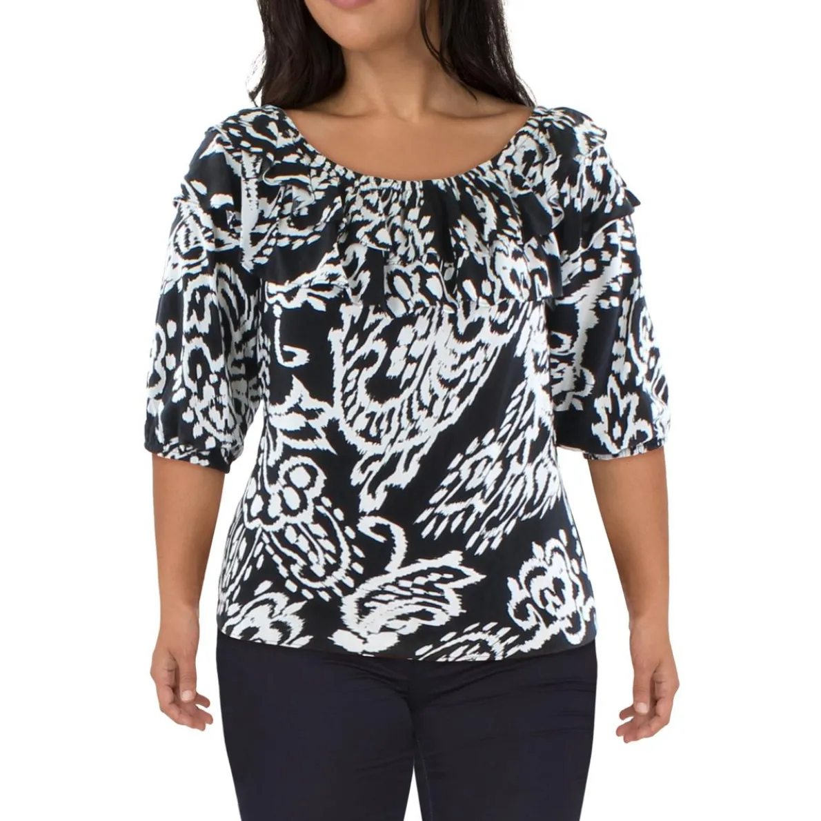 Ruffled Neckline Abstract Blouse