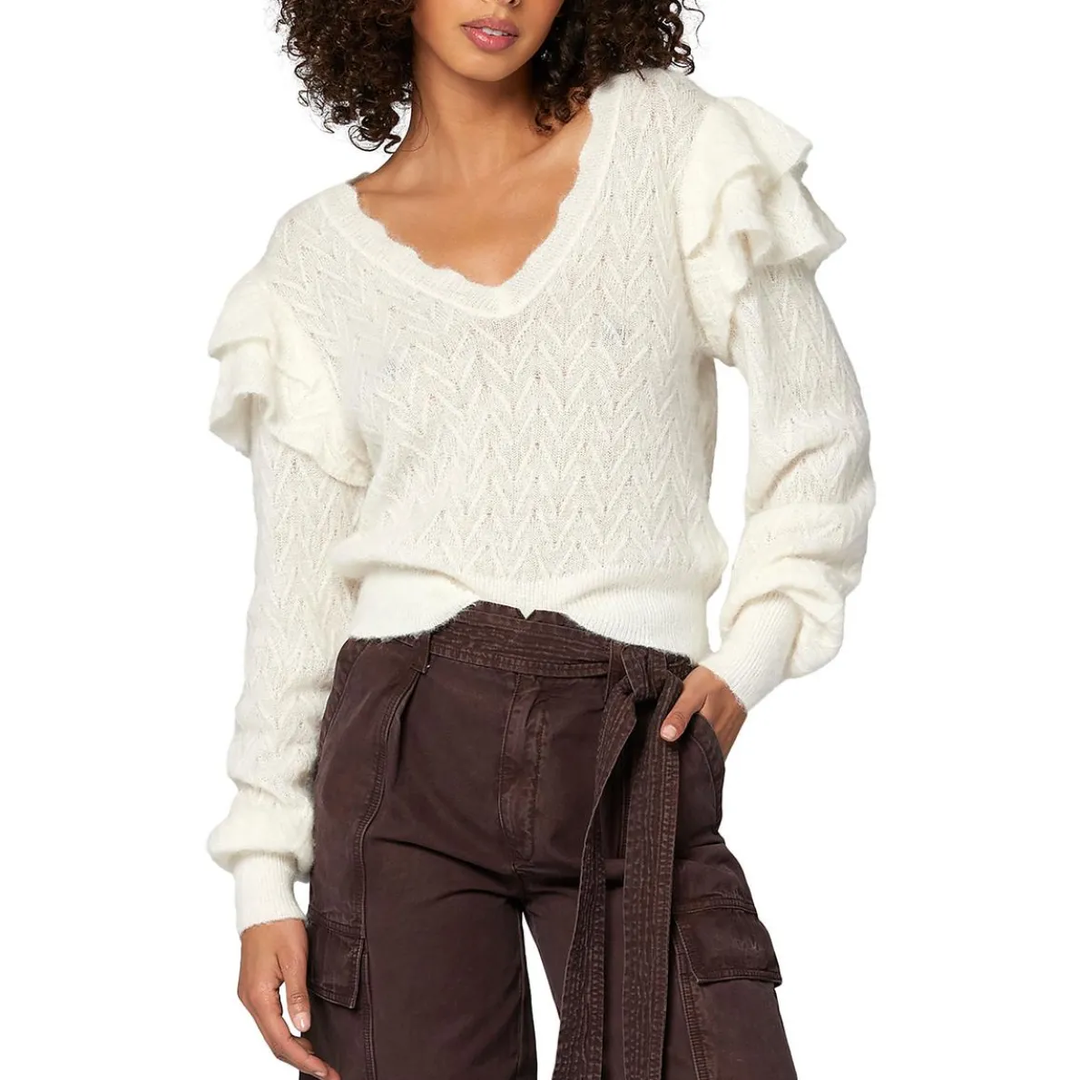 Ruffled V-Neck Pullover Sweater