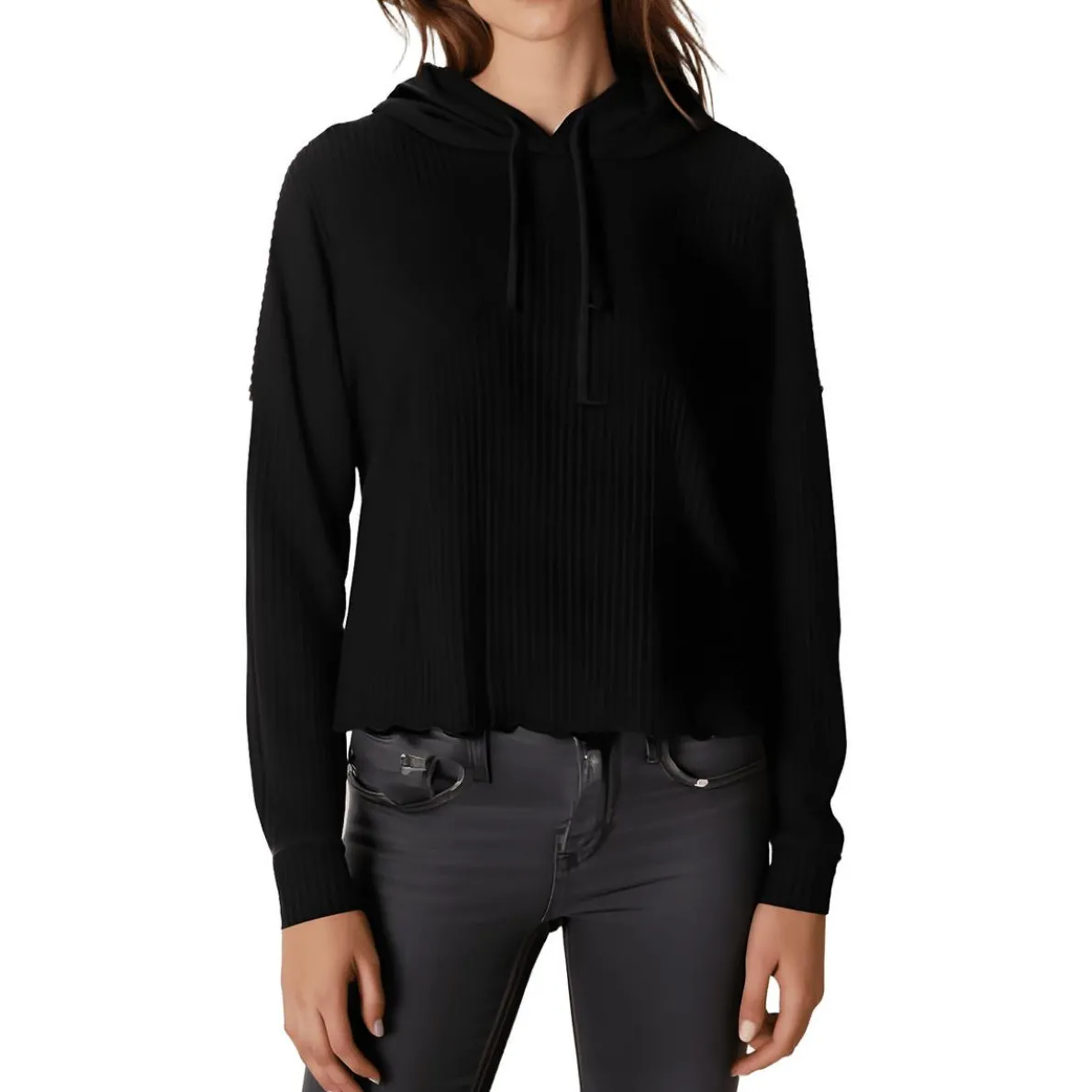 Scalloped Knit Hooded Sweatshirt