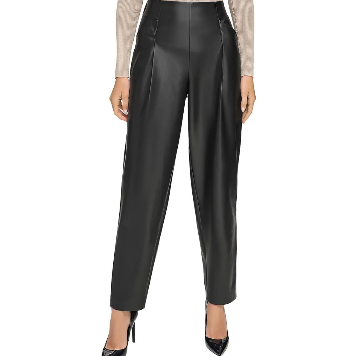 Solid Faux Leather Ankle Pants