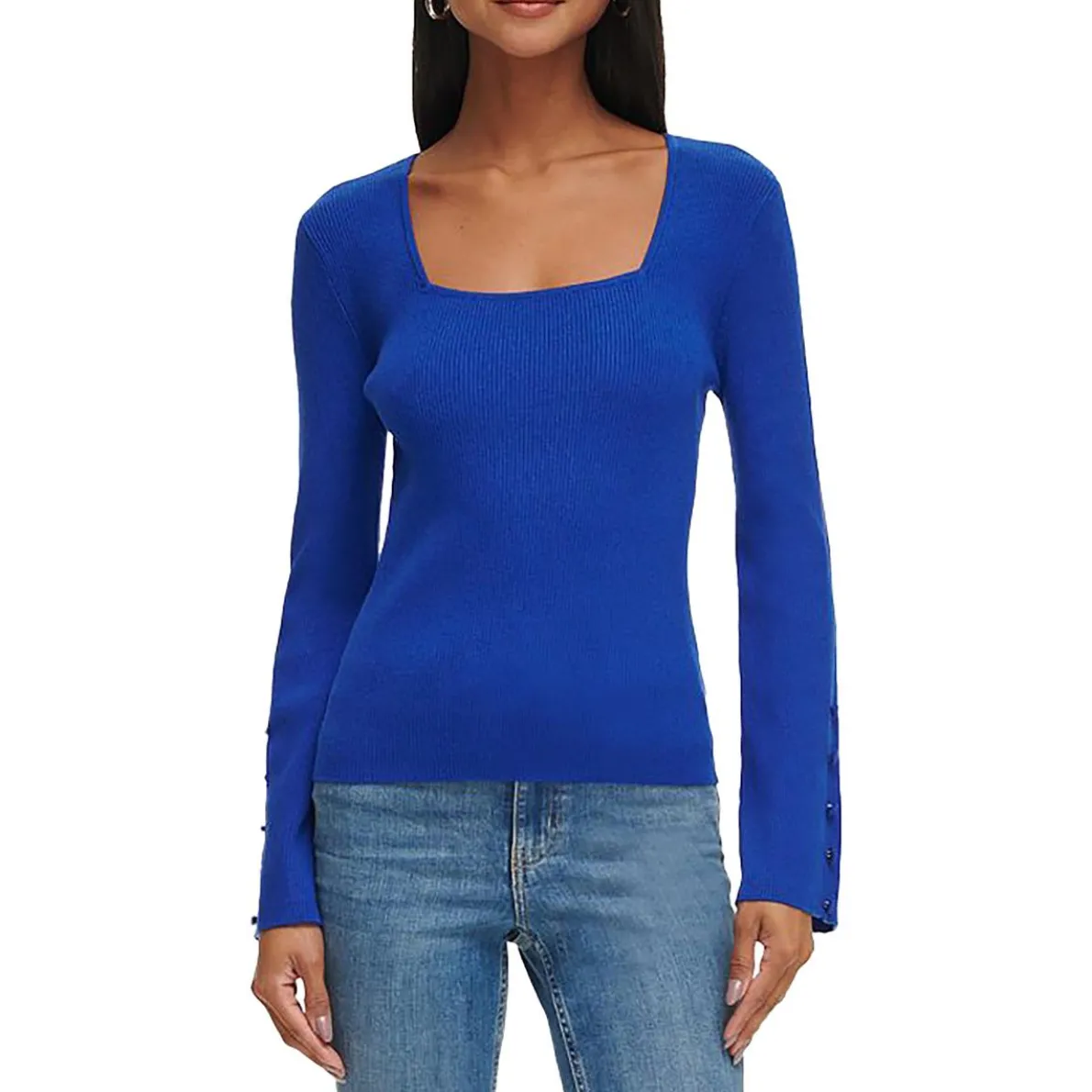 Square Neck Button Trim Pullover Sweater