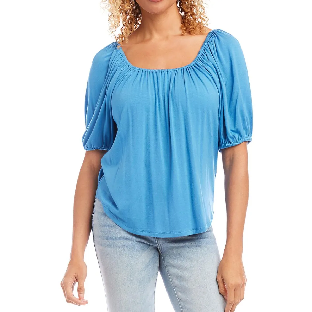 Square Neckline Elbow Sleeve Peasant Top