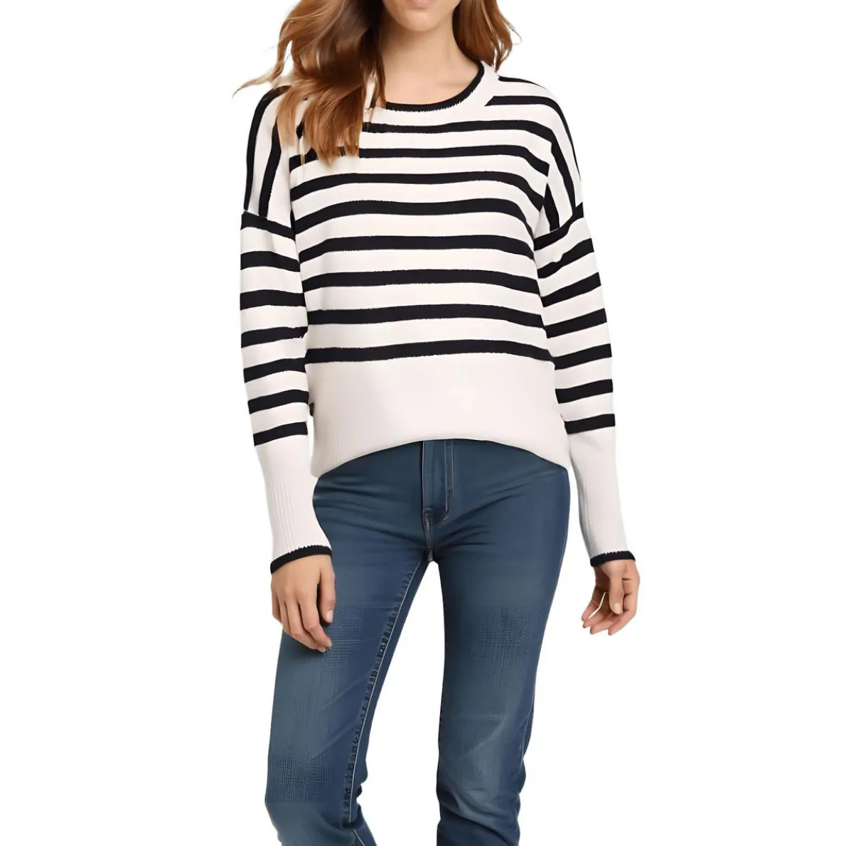 Striped Ribbed Knit Crewneck Sweater