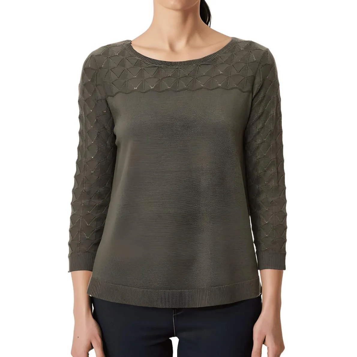 Eyelet Ribbed Trim Crewneck Sweater