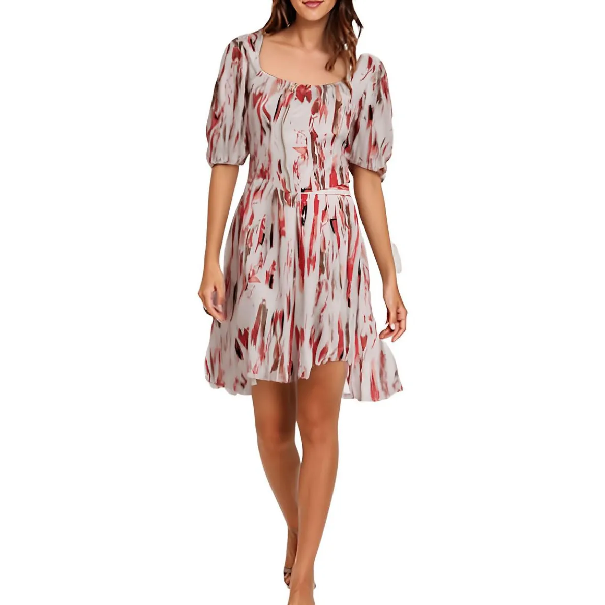 Woven Zip Puff Sleeve Top Printed Woven Blouse