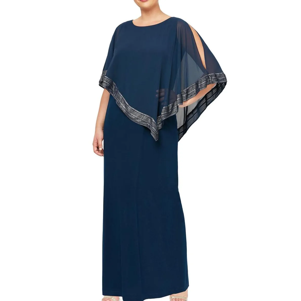 Plus Asymmetric Overlay Metallic Evening Dress