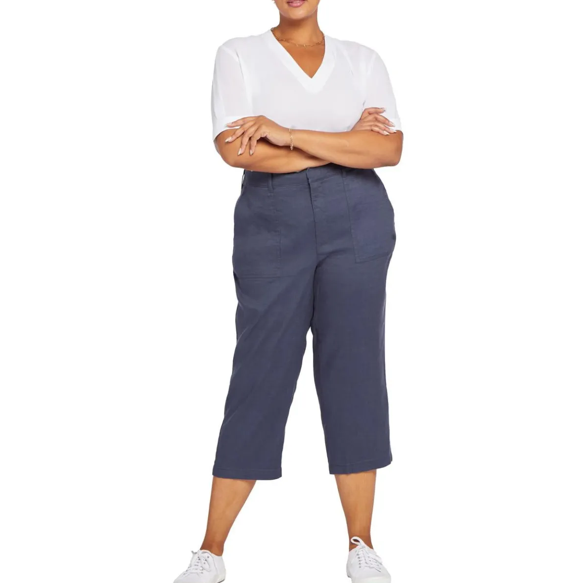 Plus Utility Linen Blend Flat Front Cropped Pants