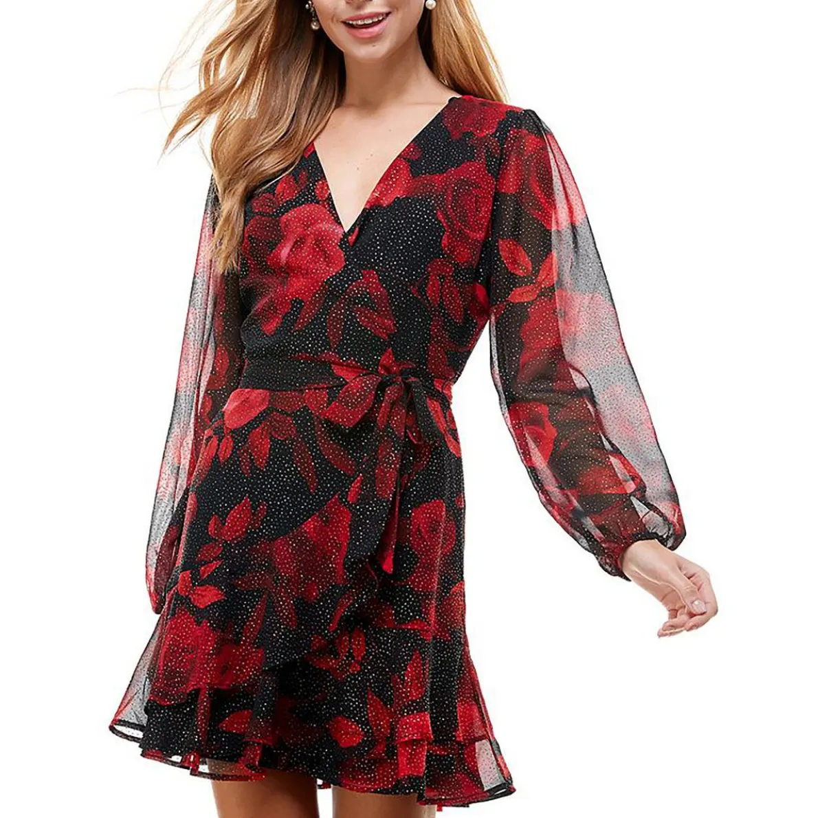 Juniors Floral Print Glitter Fit & Flare Dress