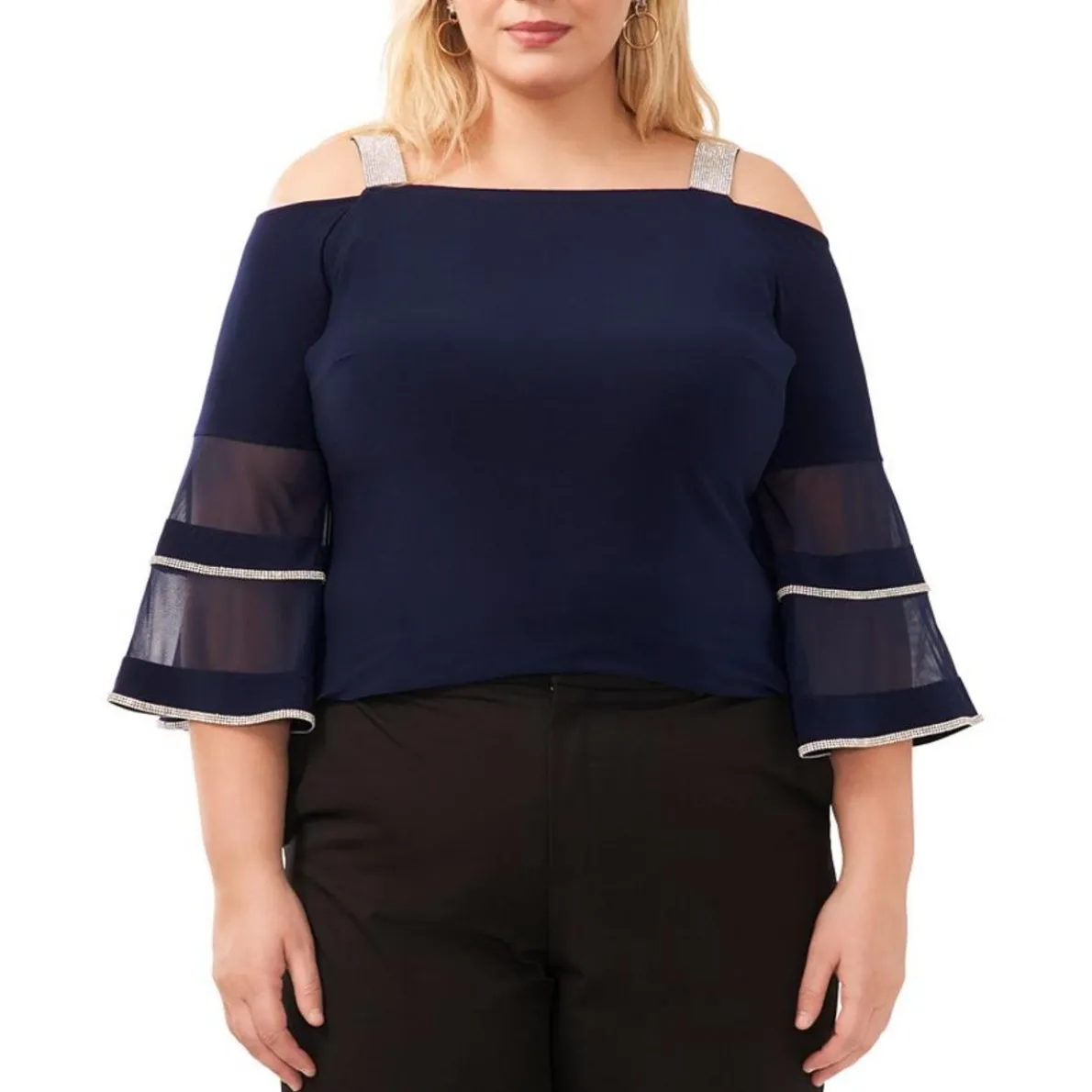 Plus Rhinestone Bell Sleeve Cold Shoulder