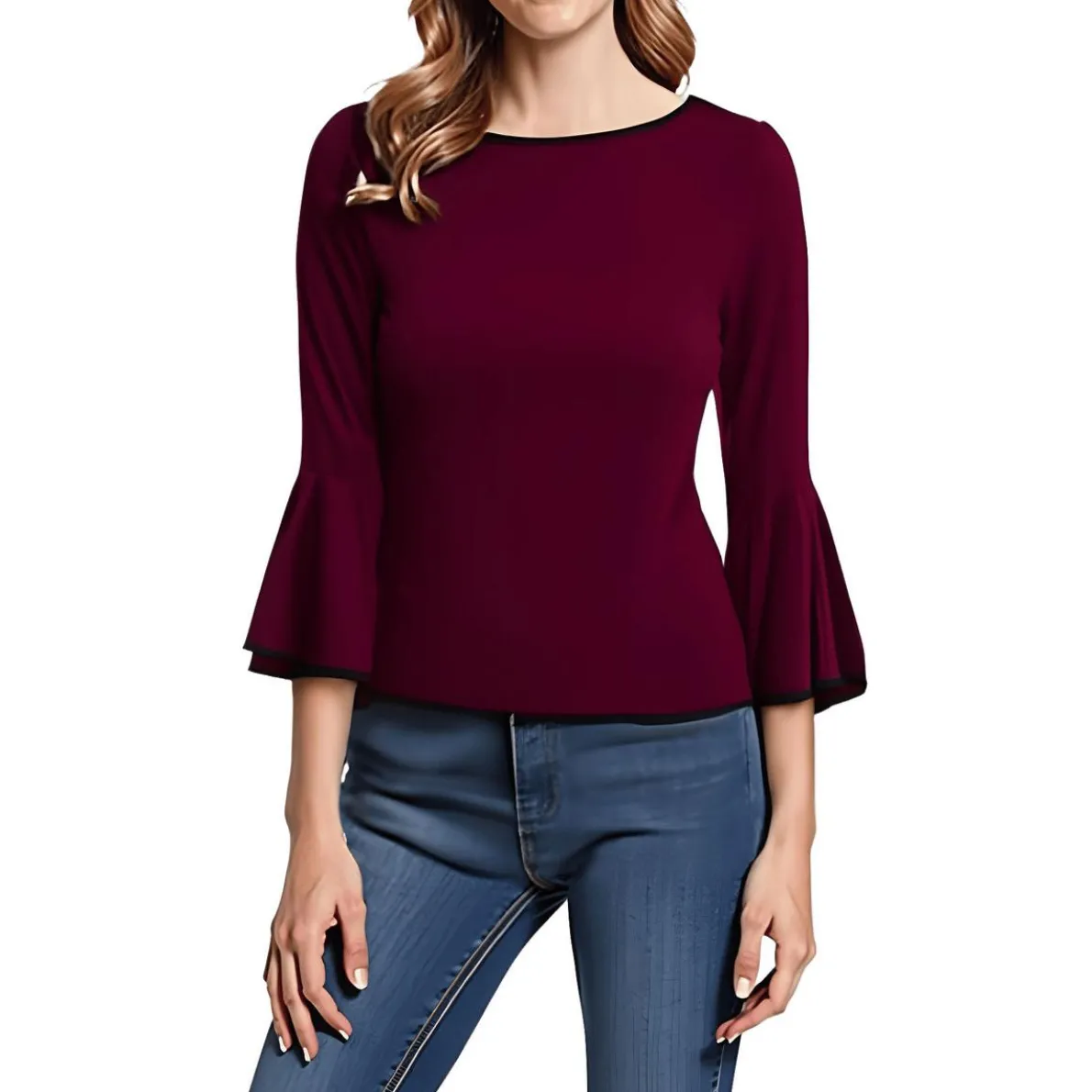 Contrast Trim Bell Sleeve Blouse